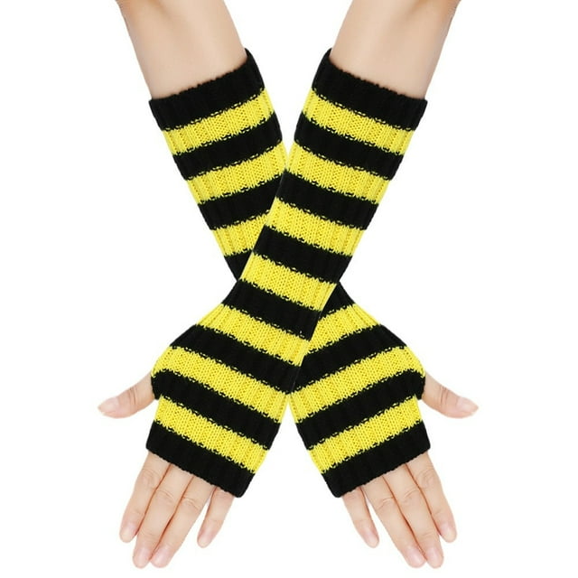 GDREDA Winter Striped Fingerless Convertible Mittens Touchscreen Texting Warm Knitted Handwear For Cold Weather Outdoor Activities Yellow,One Size