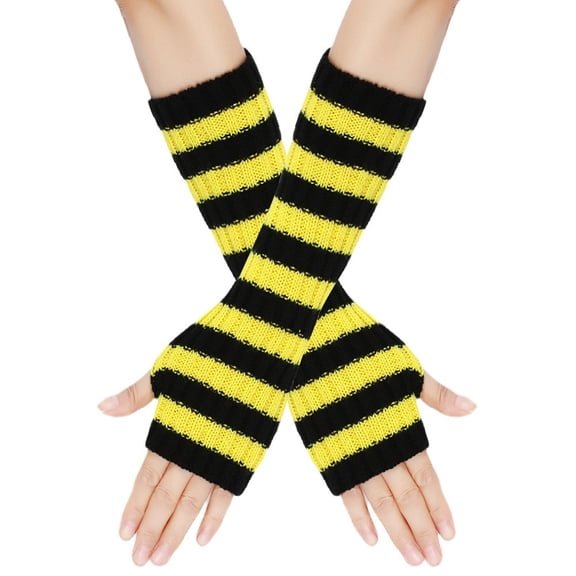 YAYUBA Winter Gloves Women,Winter Striped Convertible Fingerless Mittens Touchscreen Texting Warm Knitted Gloves for Cold Weather Outdoor Activities,Yellow