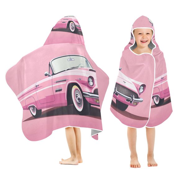 Car on Pink Kids Hooded Beach Towel Baby Bath Poncho Towels with Hood Absorbent 50"x23.5" for Pool Swimming
