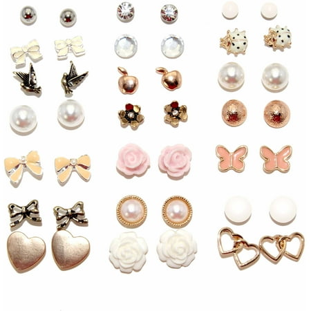 Flowers and Bows Assorted Stud Fashion Earrings, Set of 21 - Walmart.com