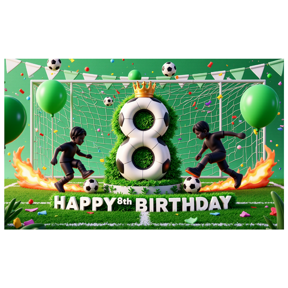 Green Balloon Soccer Banner Happy 8th Birthday Party Decoration Kids Celebration Backdrop for Soccer Party Children Event