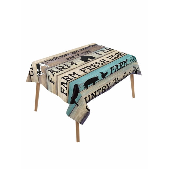 Teal Brown Farmhouse Table Cloth, Country Rooster Cow Vintage Wood Waterproof Tablecloth for Rectangle Tables, Reusable Washable Fabric Table Cover for Restaurant Kitchen Dining Tables 52"x70"