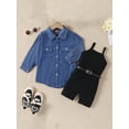 thumbnail image 2 of Bagilaanoe 2Pcs Little Girl Outfits Sleeveless Rib Playsuits with Belt and + Denim Shirts Jacket 4T 5T 6T 7T Kids Casual Clothes Set, 2 of 9