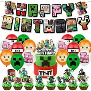 Minecraft pixel birthday decorations, video game miner theme party supplies decorations including happy birthday banner, cake decorations, cupcake decorations, balloons