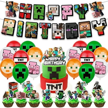 Minecraft pixel birthday decorations, video game miner theme party supplies decorations including happy birthday banner, cake decorations, cupcake decorations, balloons