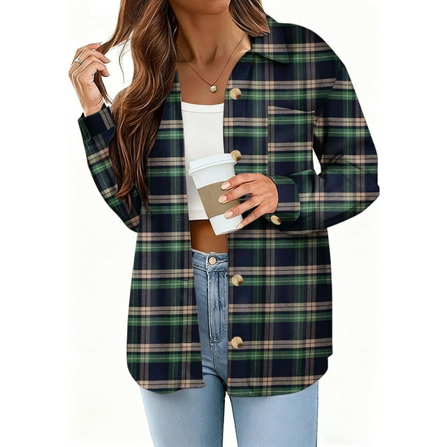 SYVGVA Womens Top Plaid Flannel Long Sleeve Collared Button Down Cardigan Shacket Blouse with Chest Bag,Green,L