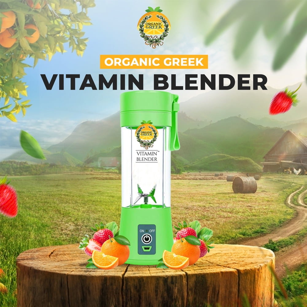 Organic Greek Vitamin Blender Portable Blender & Juicer with USB Charger. Portable Blender For Shakes, Smoothies, Juice 380ml, Six Blades Bright Green Color
