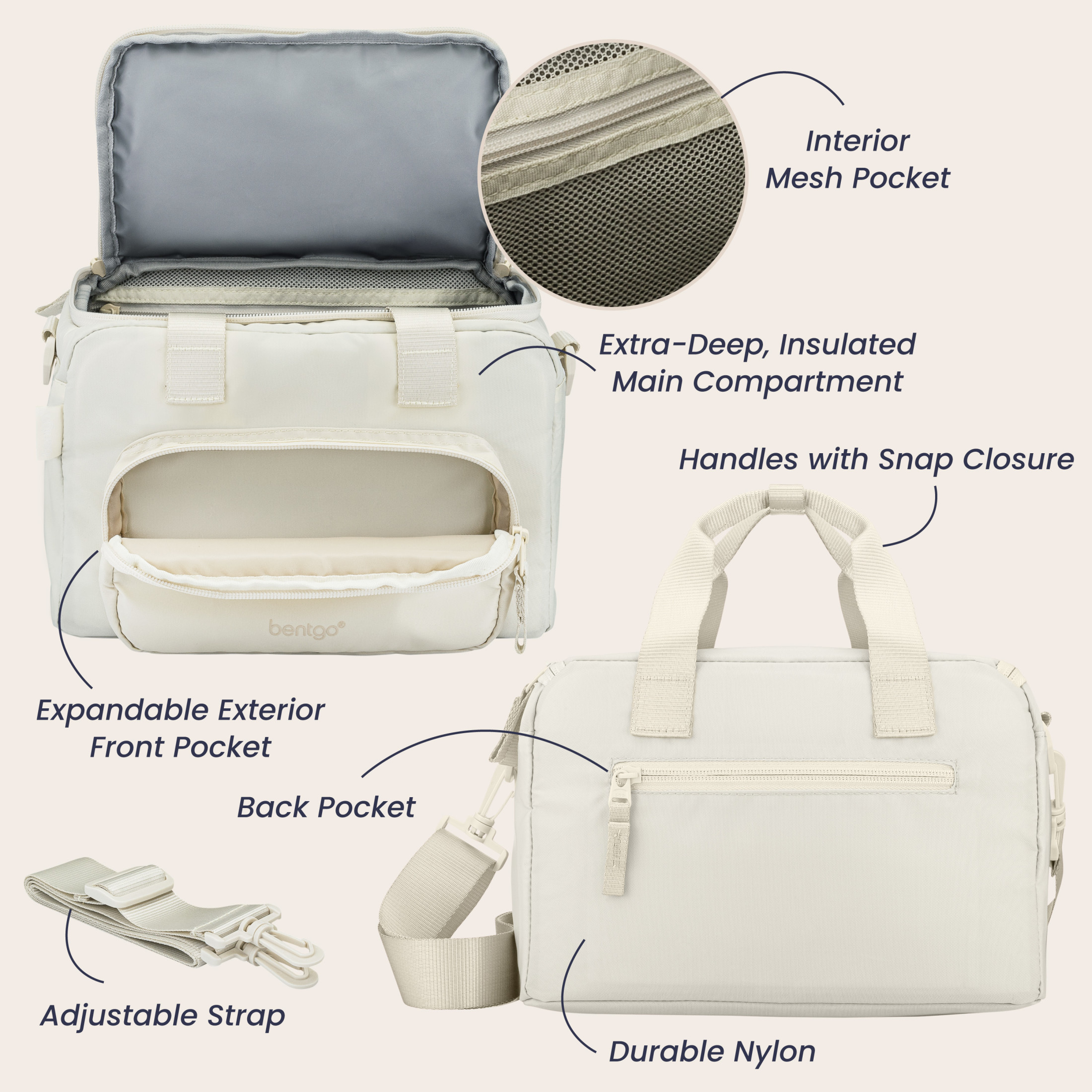 Bentgo Insulated Lunch Bag – Extra-Large Capacity Adult Lunch Bag with Shoulder Strap and External Storage Compartment, Durable, Lightweight, Ideal for Work, School, & Meals On the Go (Bone)