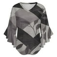 thumbnail image 5 of Grey Geometric Leaf Pattern Women's V-Neck Blouse With 3/4 Ruffled Bell Sleeves Casual Top Ladies Blouses, 5 of 7