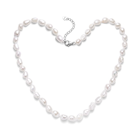 Bamiki 7-8 mm White Cultured Baroque Pearl Necklace, 18 2 in, S925 Sterling Silver Clasp Gift for Her