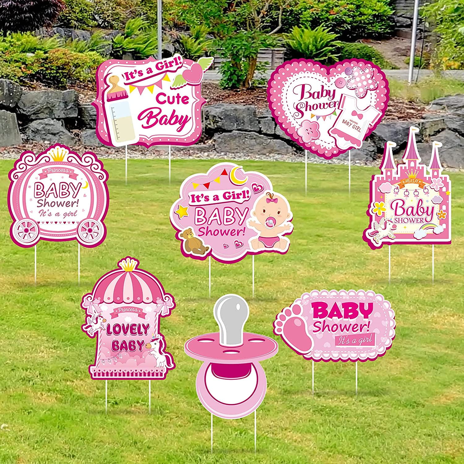 8 Pieces Baby Shower Yard Sign It's a Girl Lawn Sign Pink Baby Lawn
