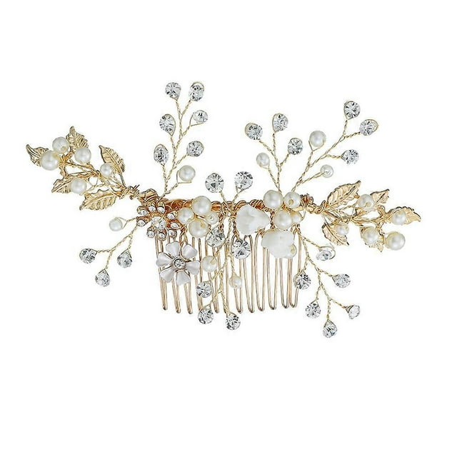 Golden Alloy Hair Comb for Women with Pearl and Rhinestone Design for Weddings and Special