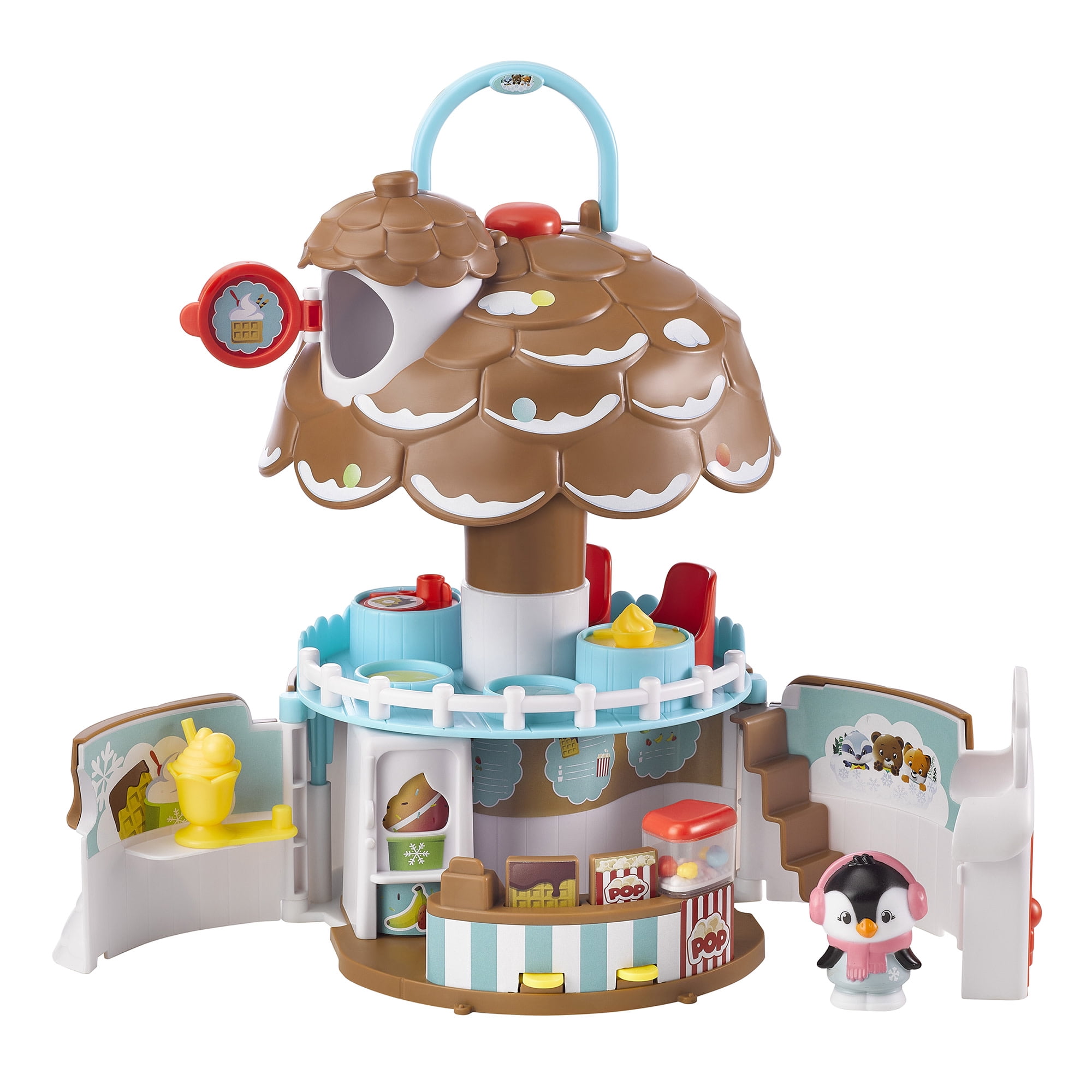 Timber Tots: The Pine Cone Snack Bar - 5pc Dessert Toy Playset, Penguin Animal Figurine, Open & Reveal Treats Shop, Pop-Up Feature, Kids-Toddler 18Mo+