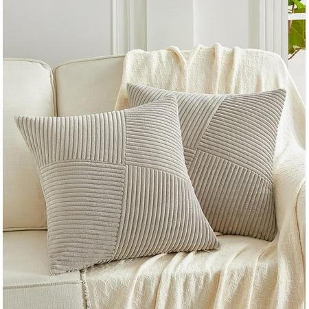 

Fancy Homi Set of 2 Neutral Taupe Boho Decorative Throw Pillow Covers 16x16 inch with Diagonally Pattern for Living Room Couch Bed Sofa Soft Corduroy Organic Farmhouse Home Decorations 16x16