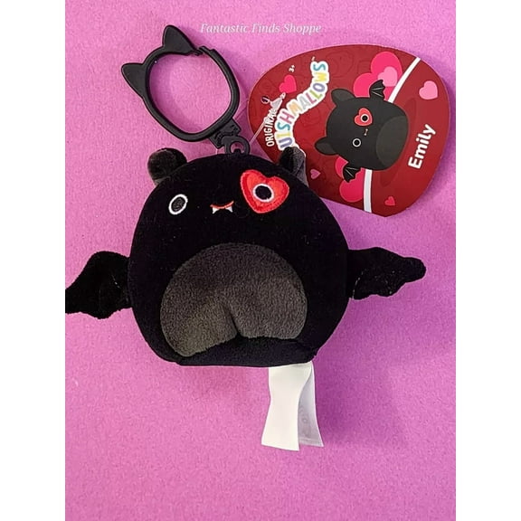 Squishmallows Valentine's Day Emily the Black Bat Clip-on Keychain 3" NWT Heart