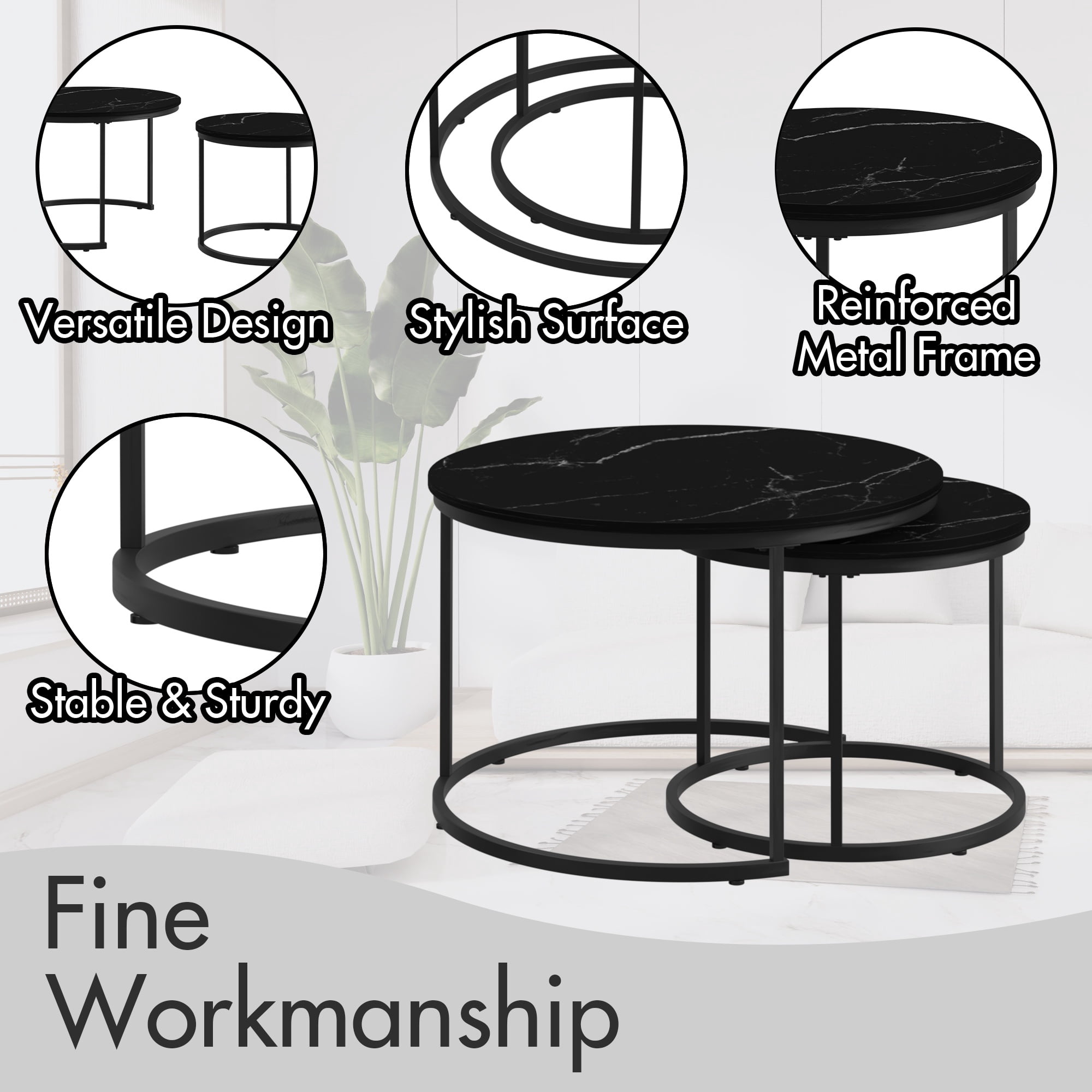 PORKISS Round Coffee Table Set of 2, 27.56" Nesting Center Tables for Living Room, 2-Piece Side Tables with Metal Frame for Living Room Home Office, Black