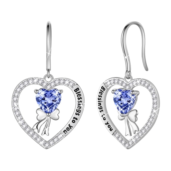 Fasjewly 925 Sterling Silver Heart Birthstone Hook Earrings, Bow Knot Crystal Dangle Christmas Birthday Anniversary Jewelry Gift for Women Mom