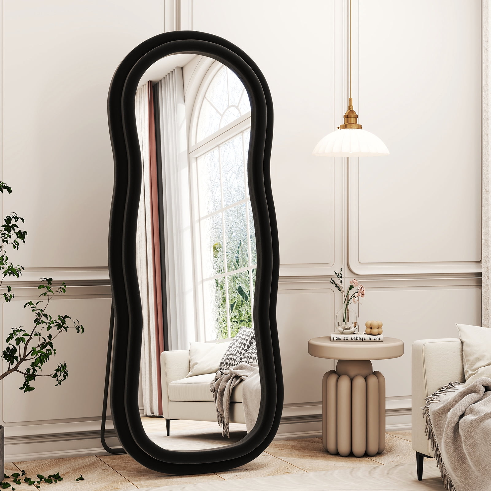 Gleamira 63"x24" Full Length Mirror Wavy Frame Arched Floor Mirror Flannel Wrapped Wooden Frame Hanging Leaning Mirror, Black