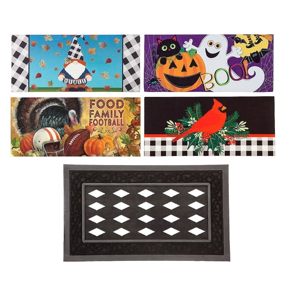 Evergreen Sassafras Fall Holiday Set of 5 Door Mats with Rubber Display Frame, Collection #5 - Multi-Color