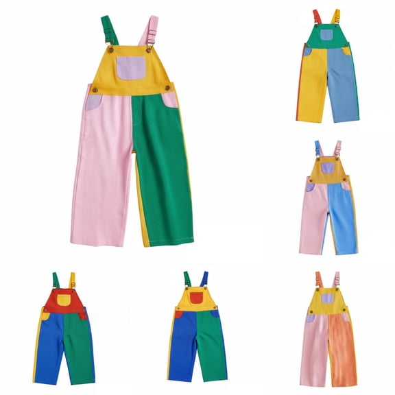 JAJAHO Toddler And Kids Overalls Pants Boys Girls Adjustable Straps Color Block Loose Fit Jumpsuits With Pockets 1-8Y