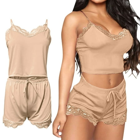 Womens Pajama Sets Soft Lace Trim Lingerie Sleepwear 2 Piece Shorts Set Neck Pj Nightwear Bridal Gifts  Post-Surgery Front Closure Bra & Brief Sets  Valentine s Day Lace Bra & Brief Gift Sets