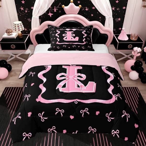 Erosebridal Kid Cute Ribbon Twin Comforter Sets, Initial L Letter Bedding Set, Pink Reversible, 2-Piece