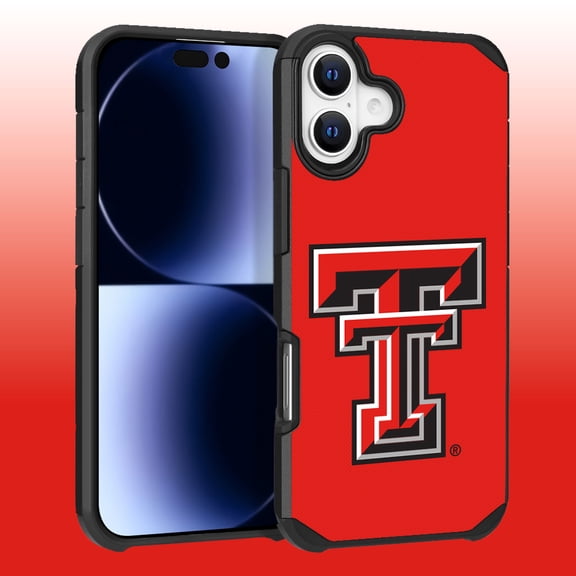 Apple iPhone 16 (6.1) - Licensed NCAA of Texas Tech University Red Raiders Logo on Red Textured Dual Layer Case