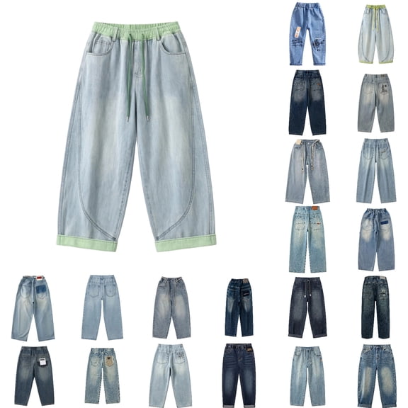 VeFlora Baggy Jeans for Boys, Y2K Straight Wide Leg, Denim Pants Kids Casual Elastic Waist Loose Trousers Pockets Streetwear(Light Green/15-16 Years)