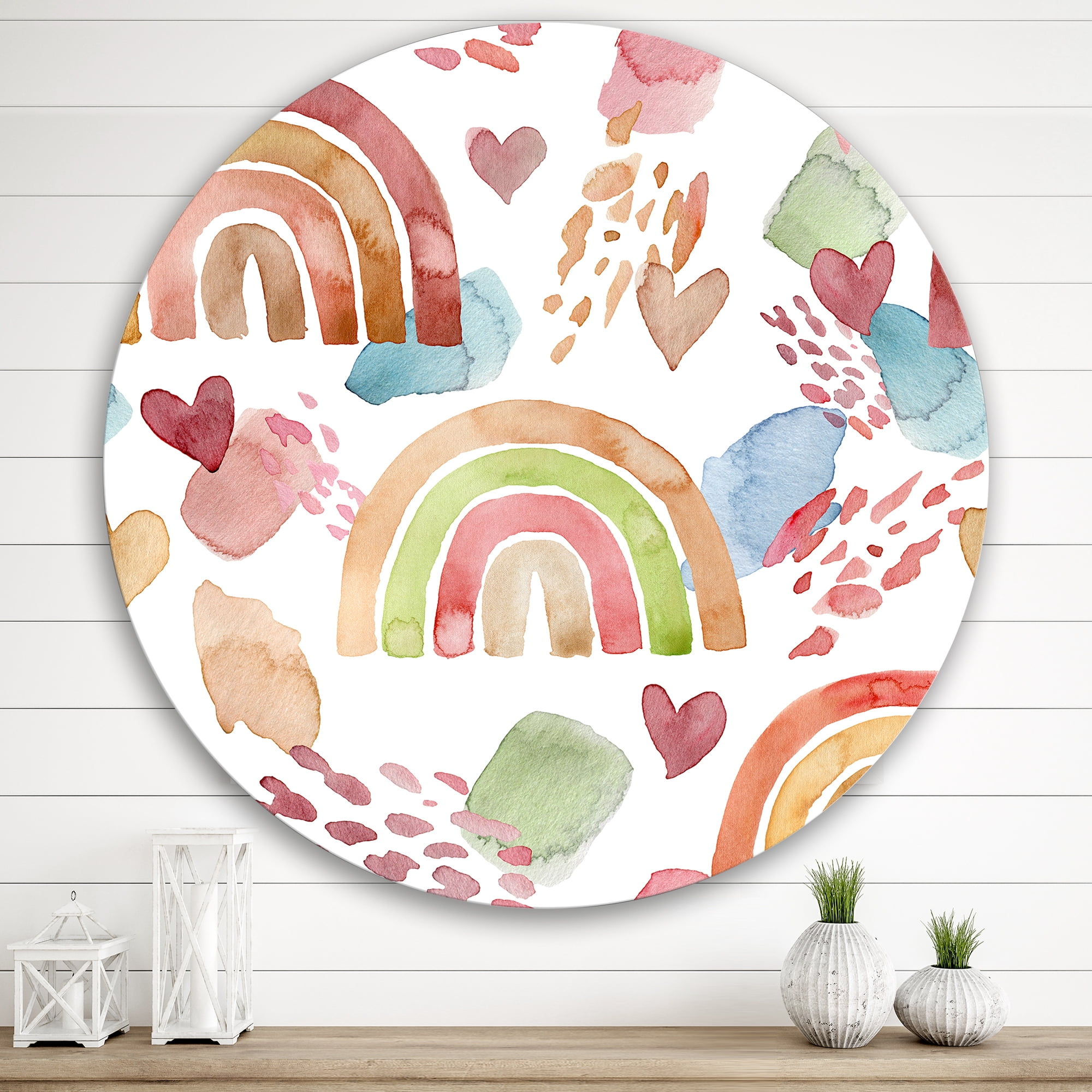 Designart 'Multicolored Rainbows Hearts and Clouds' Children's Art Circle Metal Wall Art 36x36 - Disc of 36