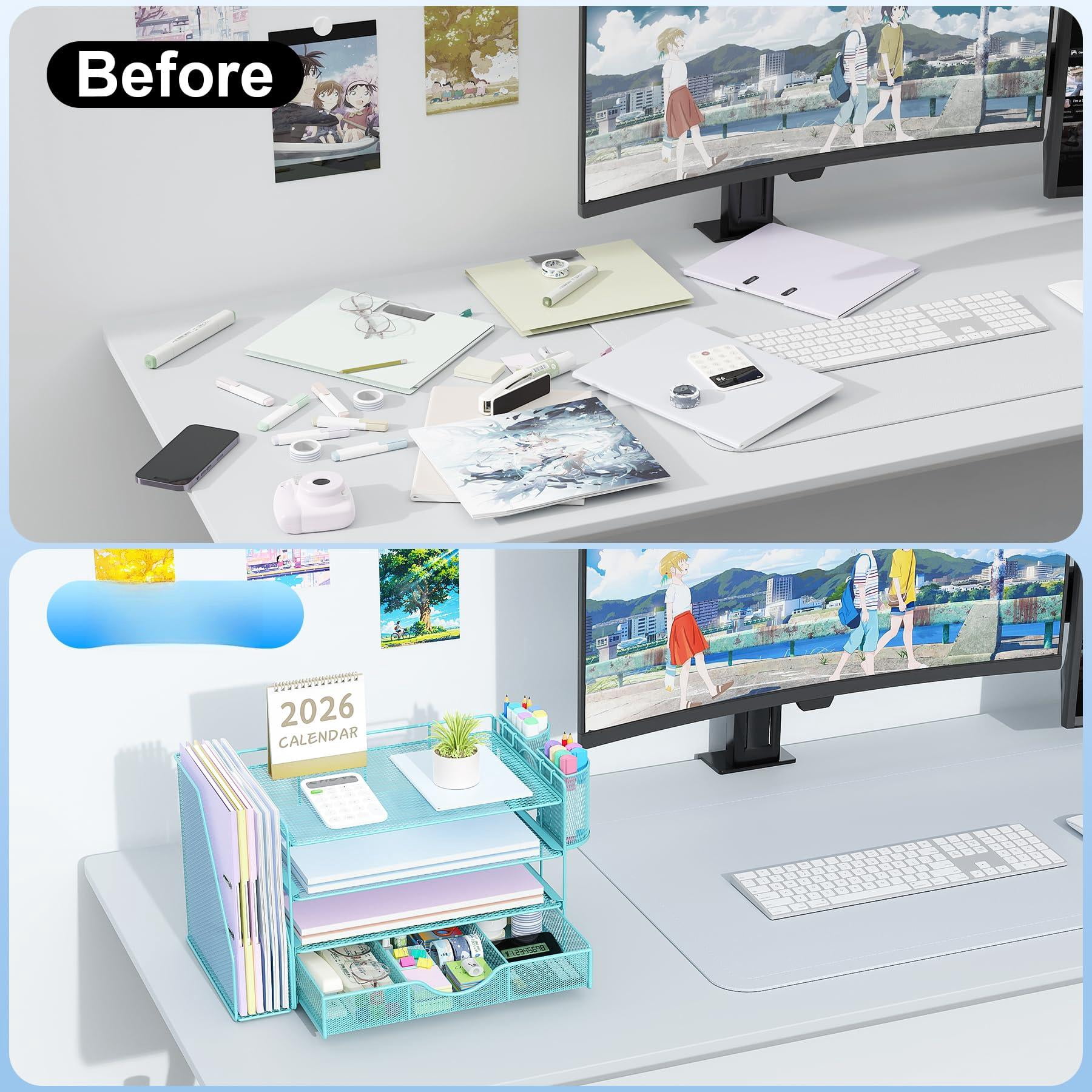 Desk Organizers And Accessories With File Holder  4-tier & Workspace Drawer 2 Pen Paper Organizer For Office Supplies (blue)