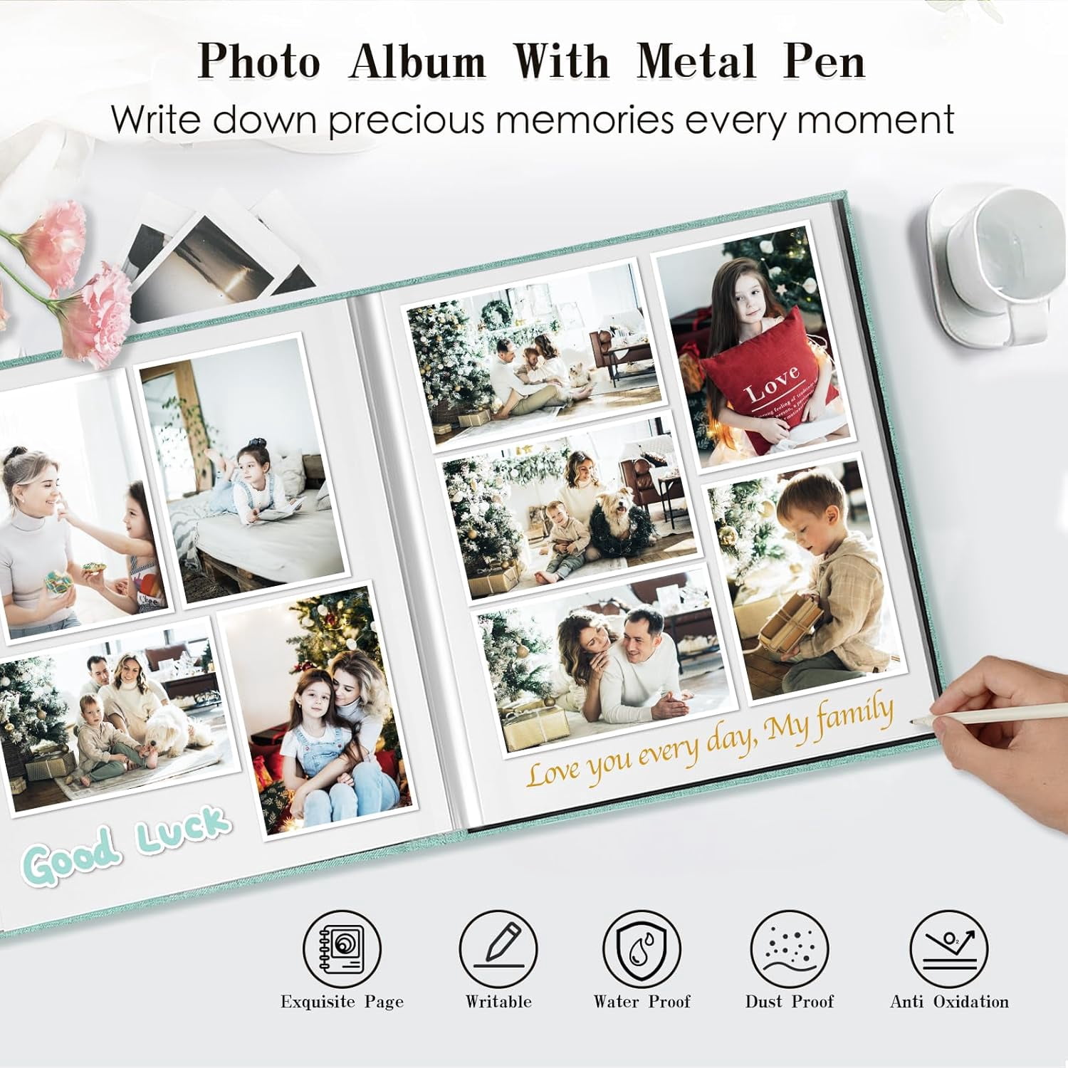 Large Photo Album Self Adhesive, 3x5 4x6 5x7 8x10 Pictures Magnetic Scrapbook, Linen Cover DIY Album with A Pen, 11"x10.6" 40pages