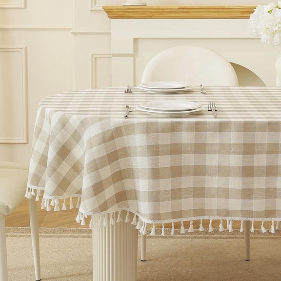 Gingham Oval Tablecloth with Tassels, 52" x 70", Beige