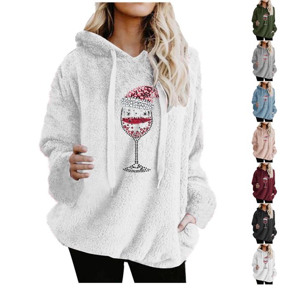 Feancey Womens Christmas Fleece Hoodie Winter Sherpa Warm Hooded Sweatshirts Trendy Wine Glass Print Pullover Tops Drawstring Long Sleeve Hoody Pink XL