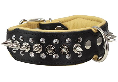 Avenpets Decorated Leather Dog Collar with 3 Rows Black Sharp Spikes Studded Leather Collar for Dog Walking Pitbull Mastiff Boxer,Light Pink,M: Neck 19-22