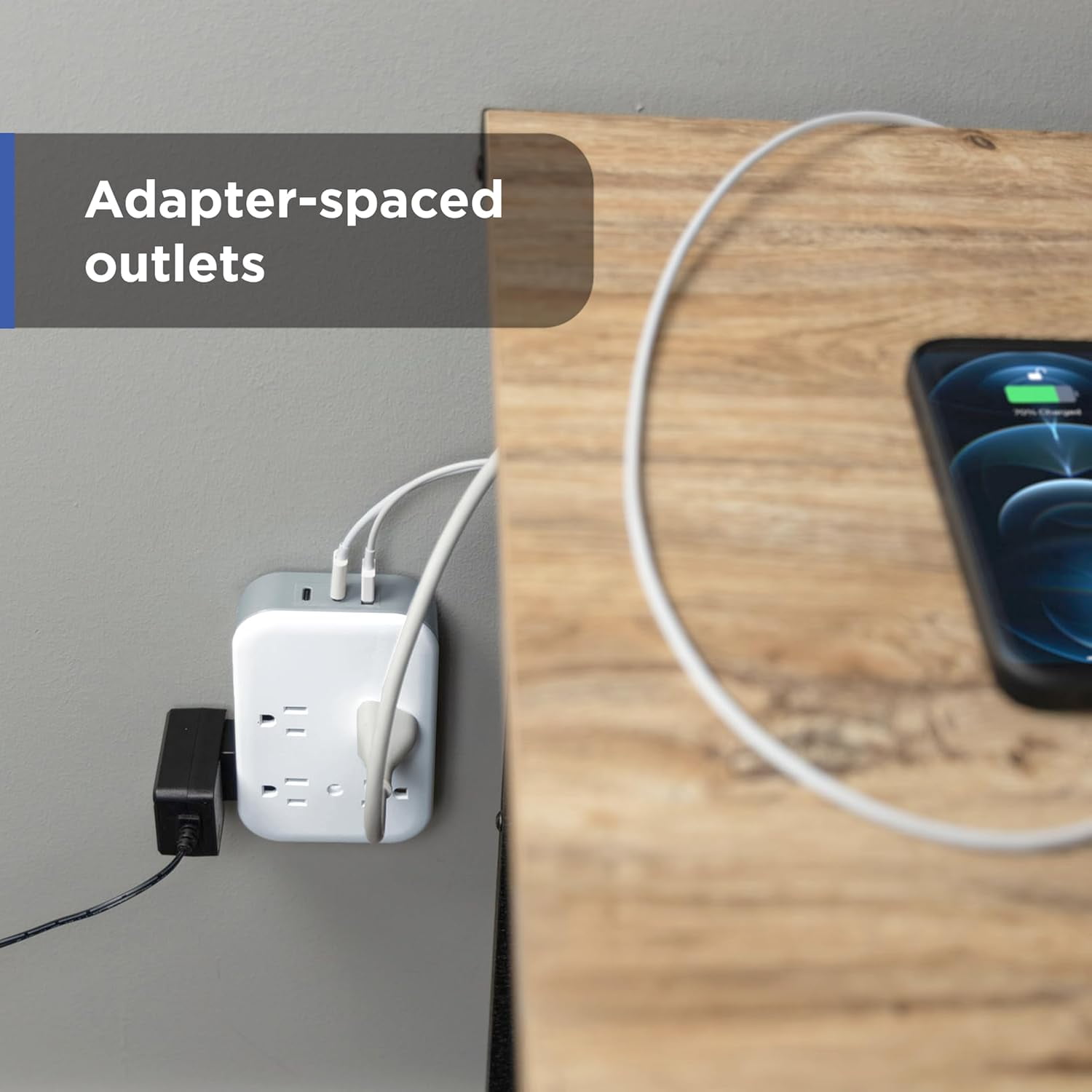JJEAN-All-in-One Surge Protector Wall Tap, 8 Outlets (4 Grounded + 4 Polarized), 2 USB-C & 1 USB-A, 15W Shared, 1140J, Circuit Breaker, ETL Certified, White/Gray, 85633