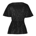 thumbnail image 4 of Puntoco Women tops for Summer Women's Sparkly Sequin Tops Peplum V Neck Tie Front Short Bell Sleeve Shirts Glitter Blouses Dressy Party Top Black 8(M), 4 of 5