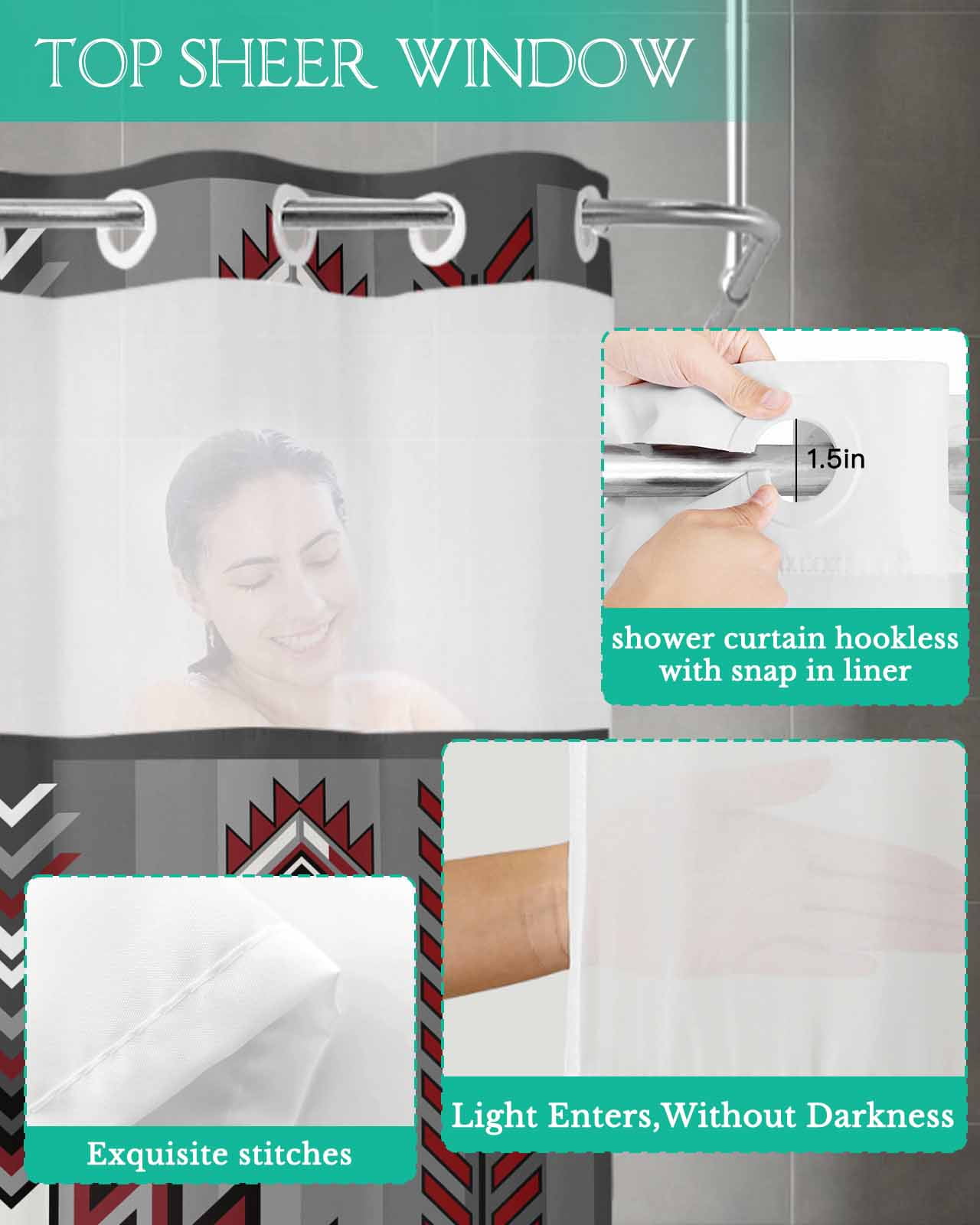 No Hook Shower Curtain with Snap in Liner, Boho Moroccan Red Geometric Grey Gradient Striped Hotel Shower Curtains for Bathroom, Washable Shower Curtain Liner Set with Mesh Top Window, 72"x84"