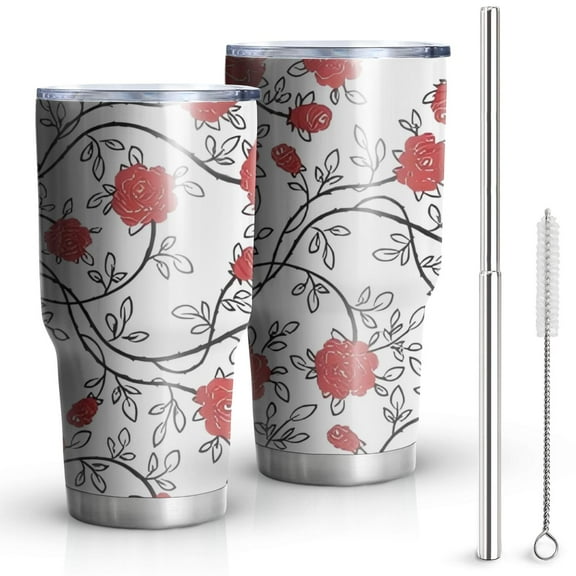 30oz Pioneer Flower Floral Print Pattern Tumblers Stainless Steel Tumbler with Lid and Straw,Vacuum Insulated Double Wall Travel Tumbler Cups Mug with Cleaning Brush for Coffee,Tea
