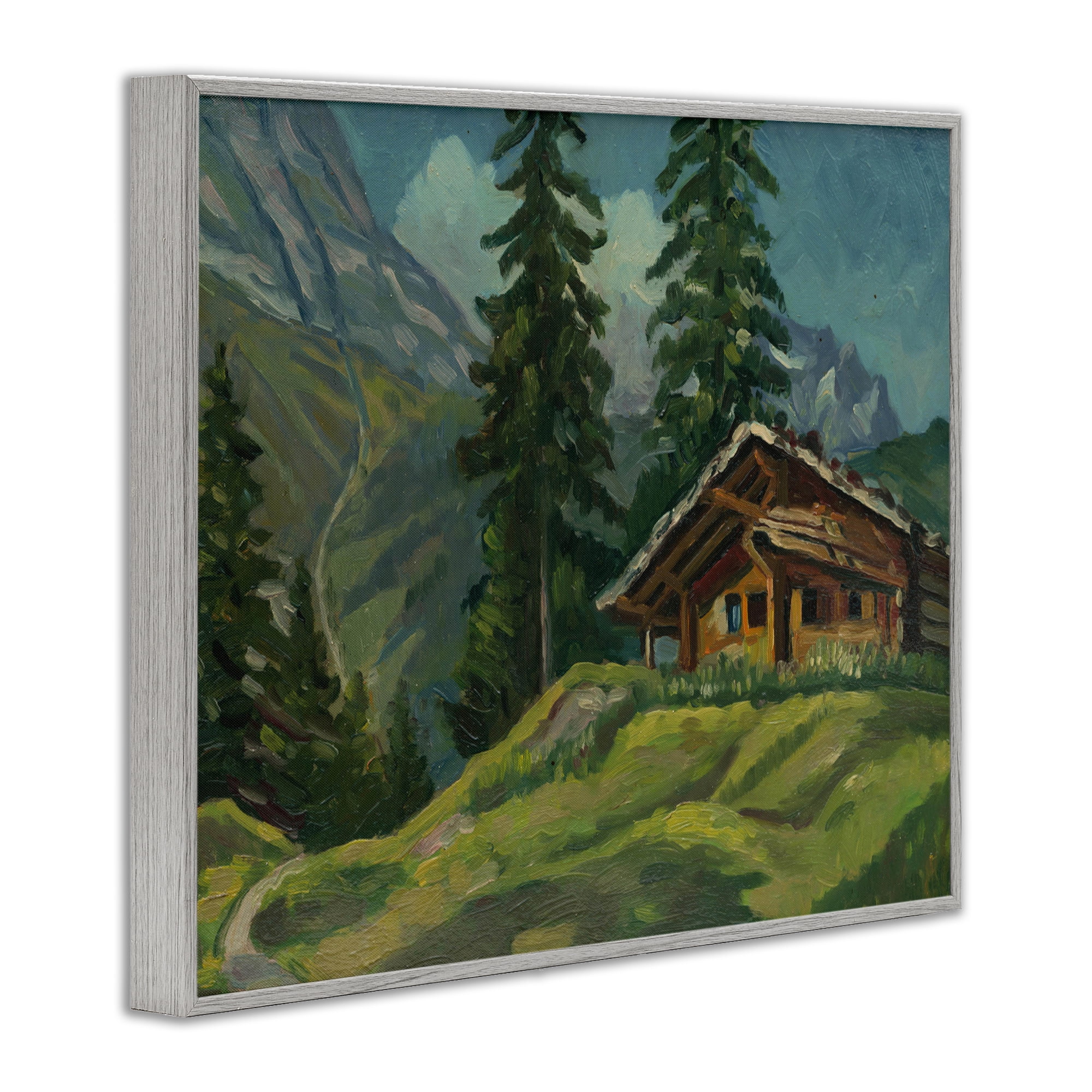 Cabin At Base Of Mountain Gray Framed Giclee Art, design by Lettered and Lined