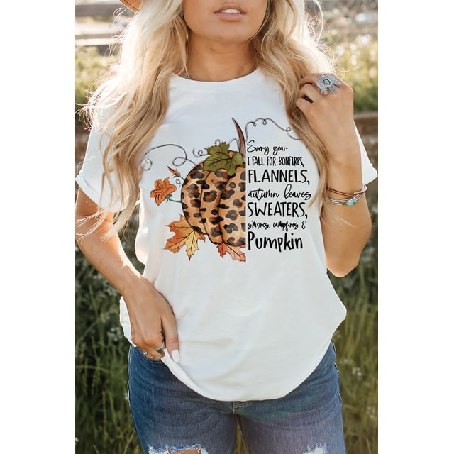 ABPHQTO Camiseta de cuello redondo con estampado gráfico de letras de calabaza de leopardo blanco para mujer