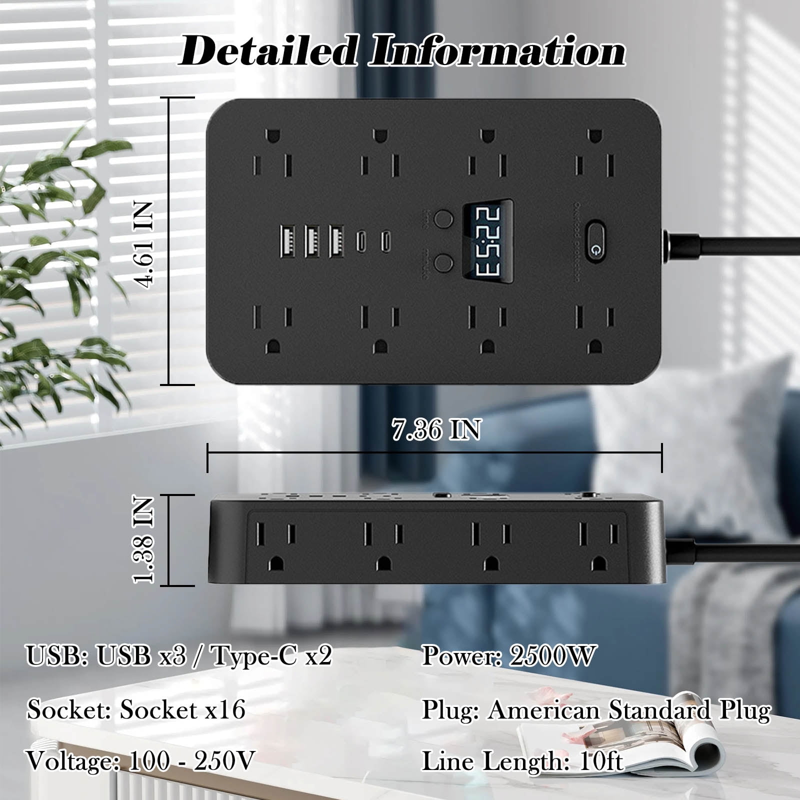 RONY 16-Outlet 5 USB Port Surge Protector Power Strip, 3-Sided Plug Outlet Extender with 10ft Long Extension Cord, Black