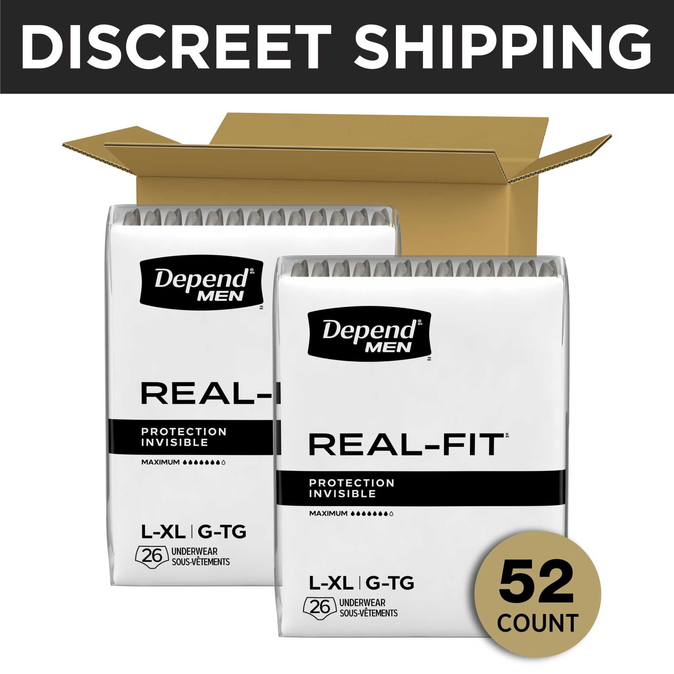 (2 pack) Depend Real Fit Incontinence Underwear for Men, Adult Diapers, L/XL, Grey, 52 Count