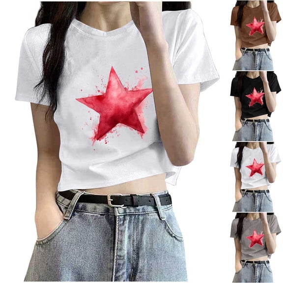 Otvok Spring and Summer T-shirt Women's Casual Star Print Round Neck Short Sleeve Blouse Tops