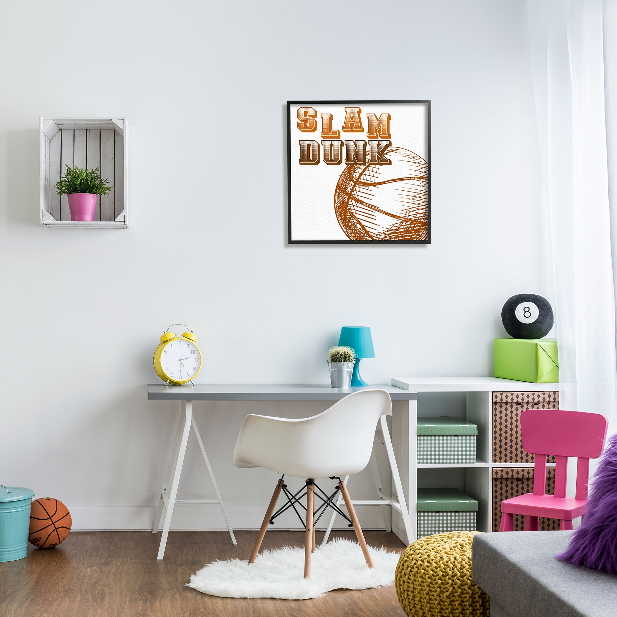 Stupell Industries Slam Dunk Basketball Sports Ball Orange Varsity Typography Sports Painting Black Framed Art Print Wall Art, 24 x 24