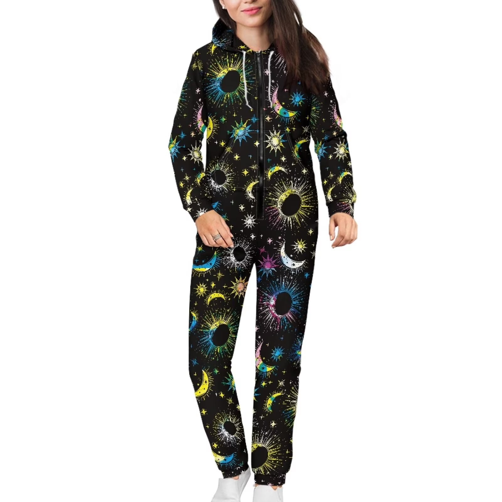 POLERO Halloween Theme Color Skeleton Surfing Print One Piece Pajames with Pocket Zipper Onesie Sleepsuit for Men Women, Size XL