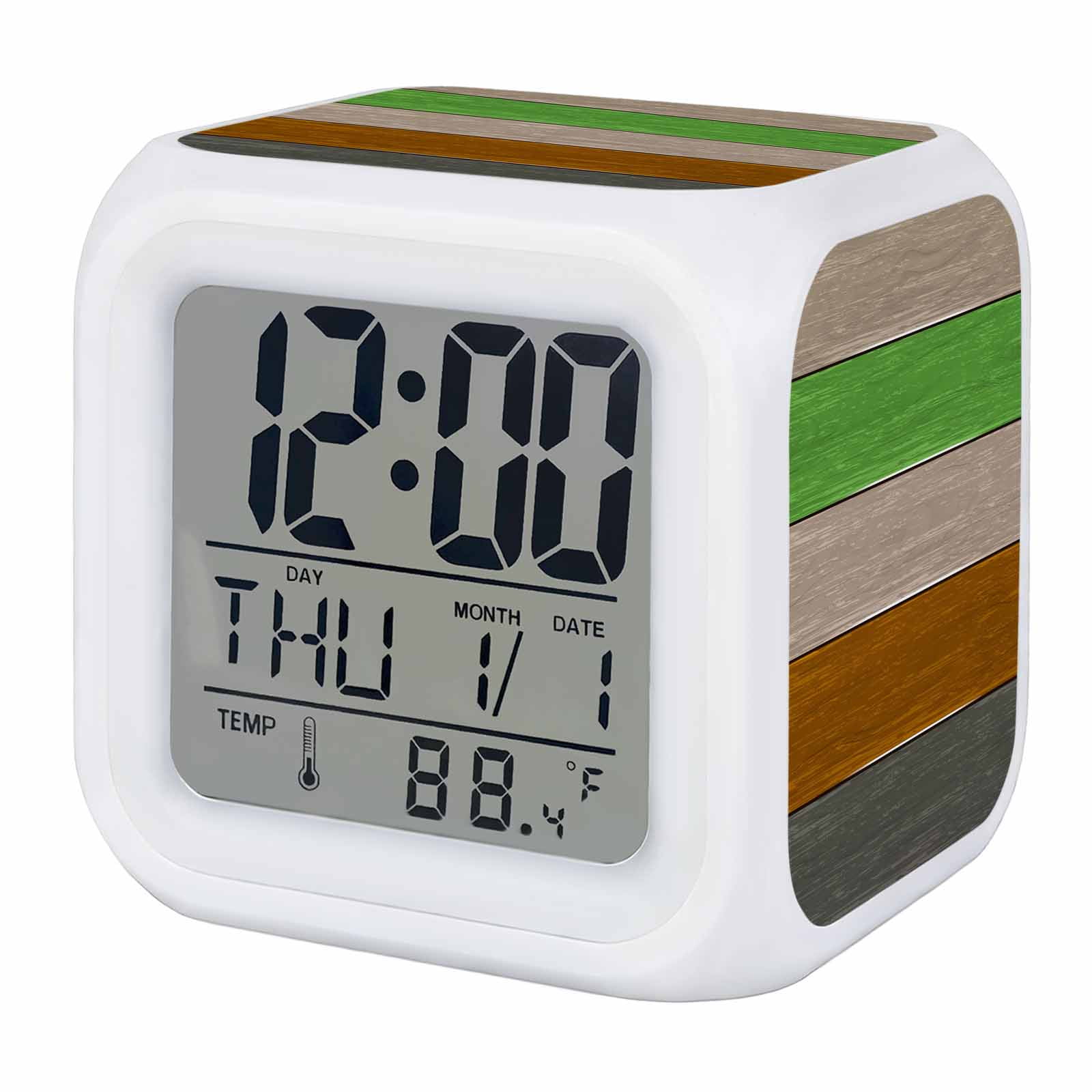 Alarm Clocks Green Brown Wood Grain Digital Clock 7 Color LED Night Light Silent Non-Ticking Battery Operated Farm Barn Wooden Stripes Cube Clocks for Bedroom Bedside Living Room Office School