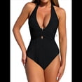 thumbnail image 3 of Traje de Baño de una Pieza para Mujer, Tirantes Anchos, Escote en V, Textura Plisada, Ribete Acanalado, Espalda Abierta Negro M, 3 of 8