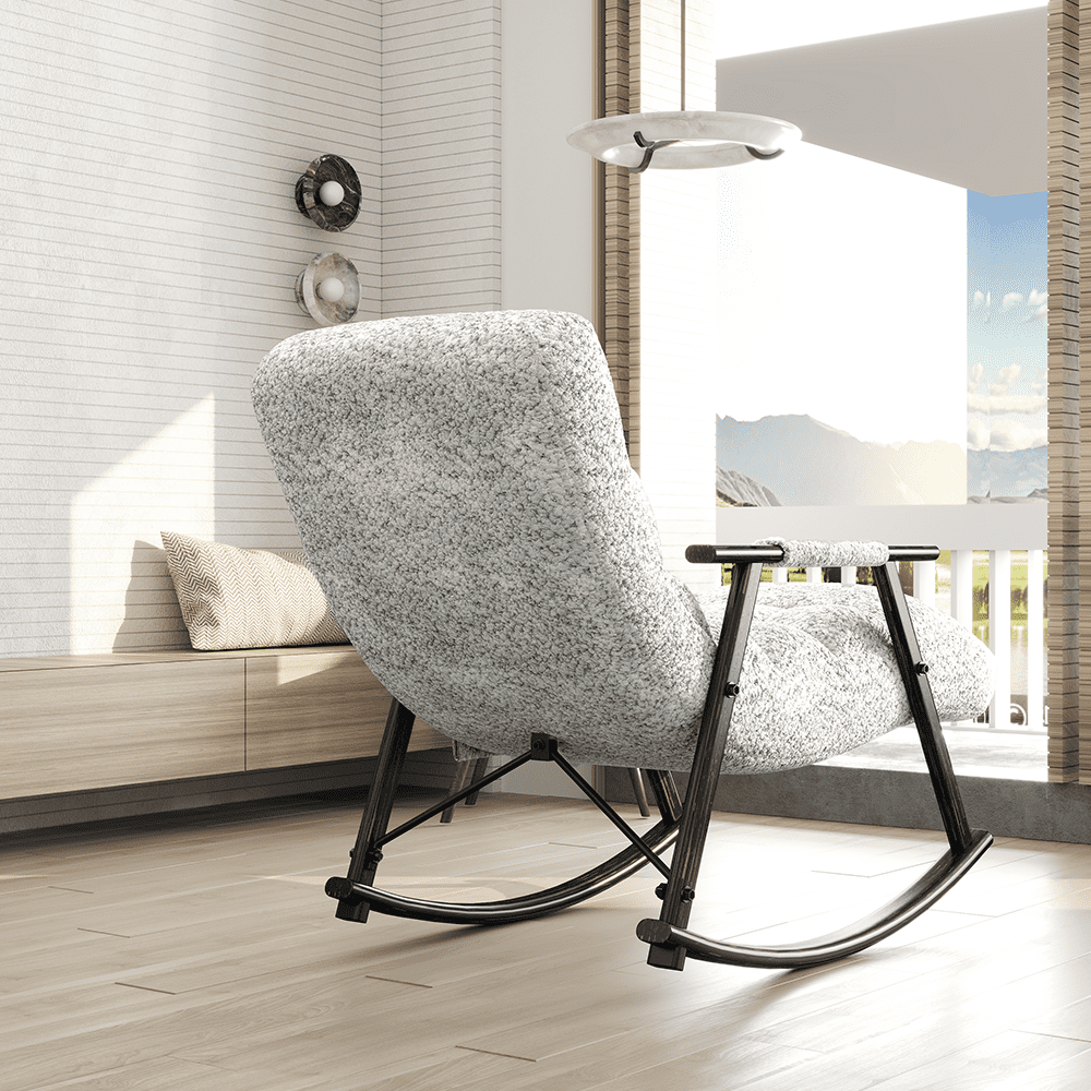 Accent Folding Rocking Recliner Chair with Side Pocket, Upholstered Nursery Glider Chair with 5 Adjustable High Back for Living Room Bedroom Balcony, Grey