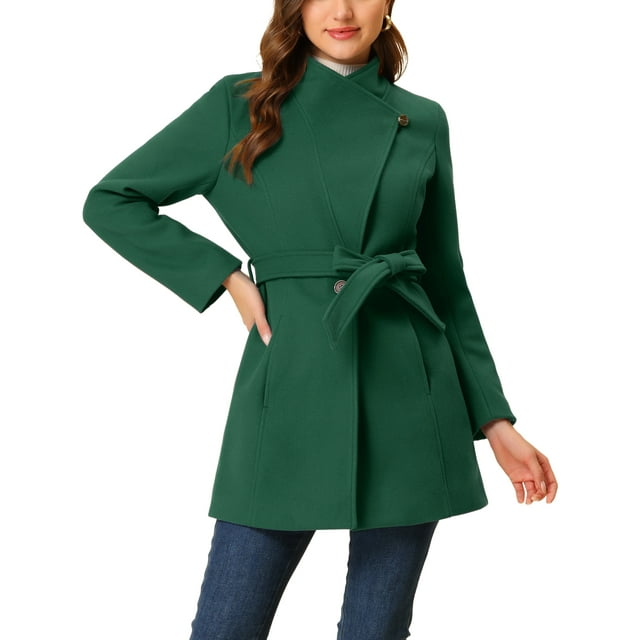 INSPIRE CHIC Manteau Long Classique pour Femme à Col Montant, Manches Longues, d'Hiver, Ceinturé, S Vert