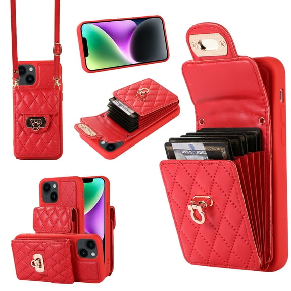 ELEHOLD Multi-Functional Wallet Case for iPhone 14 Organ Card Holders Argyle Pattern PU Leather Metal Snap with Crossbody Strap Shockproof Elegant Purse Case for iPhone 14, Red